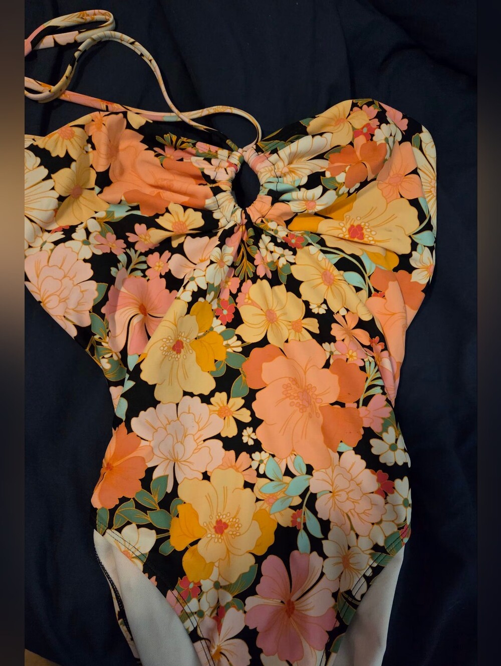 Shade & Shore Black One-Piece Swim Bodysuit with Peach, Yellow & Cream Floral